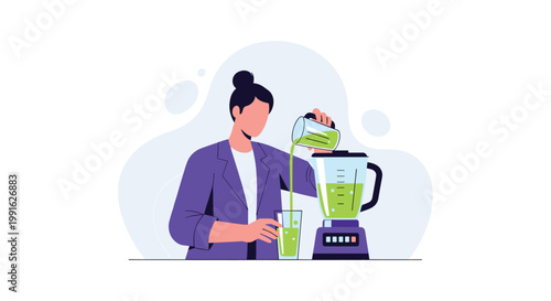 A professional woman wearing a purple blazer pours a nutritious green smoothie from a glass pitcher into a tall glass next to a blender in a soft room.