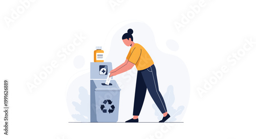A responsible woman wearing a yellow shirt carefully disposes of a medical prescription bottle into a blue recycling bin in a clean and minimalist room.