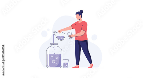 A focused woman wearing a coral-colored shirt pours clear water from a small glass pitcher into a large transparent jug on a table in a soft purple room.