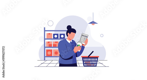 A conscious shopper wearing a blue sweater stands in a grocery store aisle while carefully reading the nutritional label on a food jar in a soft setting.