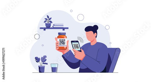 A person carefully scans a large QR code on an orange prescription bottle using a smartphone while sitting at a desk with green plants and a glass of water.