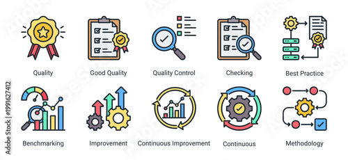 Icon set focused on quality assurance,standardization,and continuous improvement processes.Suitable for business,manufacturing,and operational excellence projects.