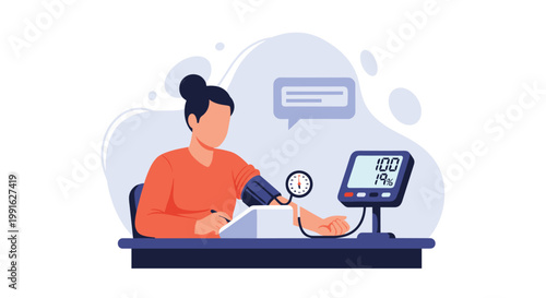 A woman carefully monitors her health by using a digital blood pressure machine while sitting at a dark desk with a speech bubble and a blue background.