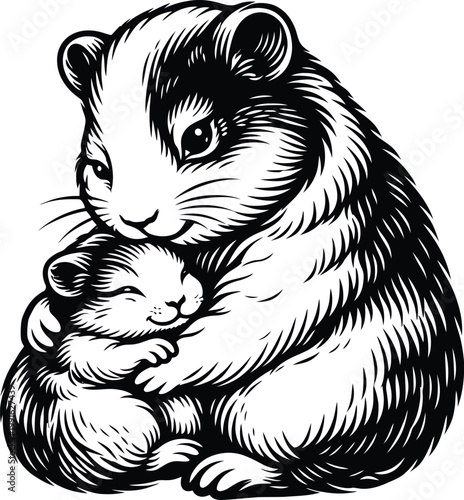 A black and white line art illustration of a mother hamster tenderly hugging her baby, showcasing a heartwarming bond between the two rodents