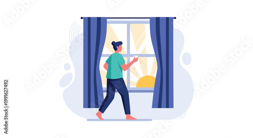 A contemplative man stands quietly by a large window with deep blue curtains while holding a white mug during a vibrant and golden morning sunrise.