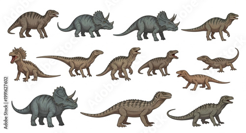Collection of diverse dinosaur illustrations in various poses.