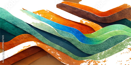 Abstract watercolor background featuring a close up of colorful paint and a brush creating a clean wave pattern with rainbow textures on art paper