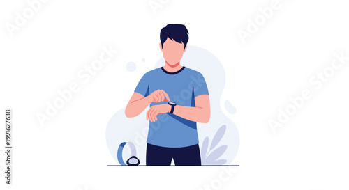 A modern man wearing a simple light blue t-shirt checks his sleek black smartwatch for notifications while standing against a soft minimalist background.