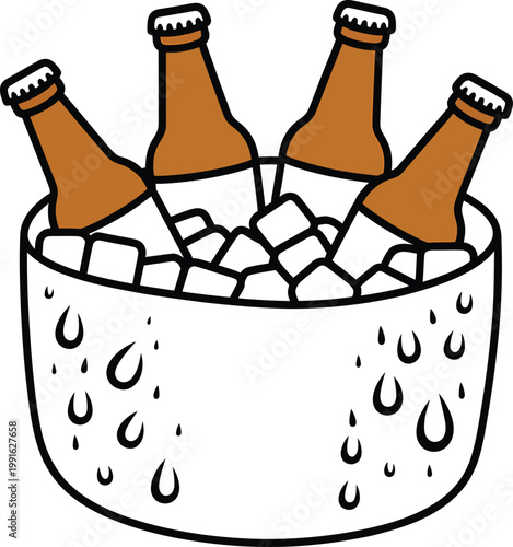 Illustration of four beer bottles in a bucket full of ice cubes