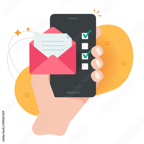 Email mail checklist on smartphone mobile phone vector icon as survey poll message modern illustration design in person hand, task manager notice notification, envelope with document on screen
