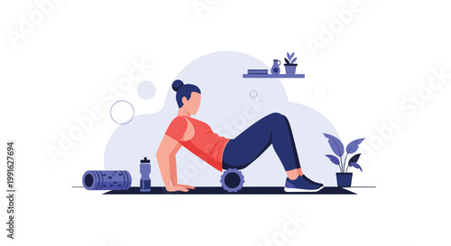 A dedicated woman wearing a red tank top uses a textured blue foam roller to massage her lower back while sitting on a dark yoga mat in a bright room.