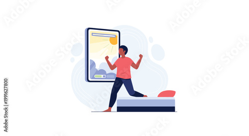 An energetic person wearing a red shirt and dark pants jumps out of bed with excitement as a large digital tablet displays a bright sunrise alarm app.