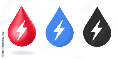 Energy water drop icon, oil fuel power droplet logo sign symbol pictogram modern set, liquid electricity charging resource supply with lightning bolt flash, blood support image clip art
