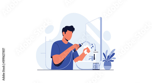 A man wearing a blue t-shirt uses a modern white and blue water flosser to clean his teeth while standing at a bathroom sink with a large wall mirror.