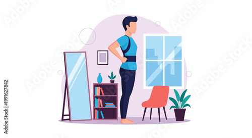 A man wearing a light blue t-shirt stands in a well-lit room while wearing a black posture corrector brace to support his back and shoulders properly.