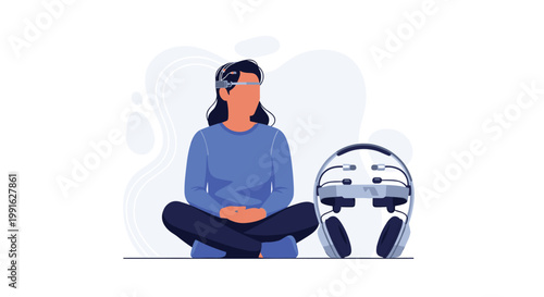 A focused woman sits cross-legged on the floor wearing a sleek EEG brain-sensing headband next to a large pair of advanced neuro-feedback headphones.