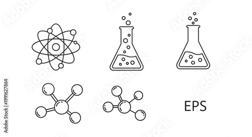 Set of science icons including atom molecule and laboratory flasks.