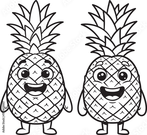 Two happy cartoon pineapples with smiling faces and spiky crowns black and white line art vitamin c tropical fruit pineapple pineapples tropical illustration character childlike stylized