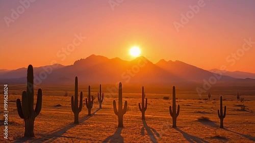 Warm golden sun setting behind mountains over saguaro cacti in a serene desert landscape view.