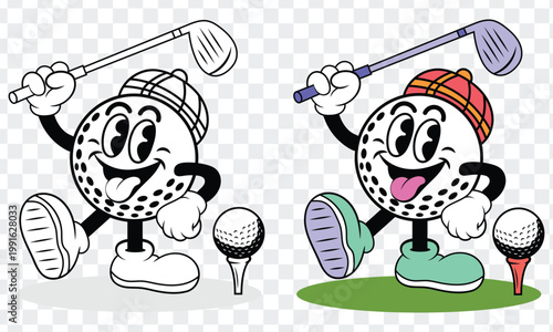 Joyful cartoon golf balls character with golf clubs and tees isolated on transparent background for fun sport illustration
