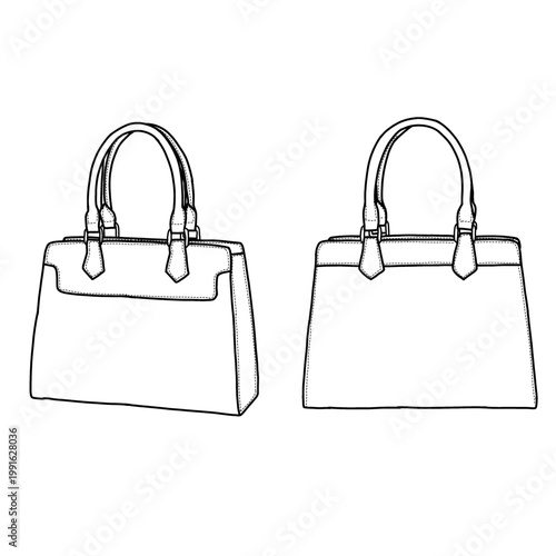 A detailed line drawing presents a womens bag, front and back views, Top handle bag, casual bag. Vector illustration. Isolated on a white background