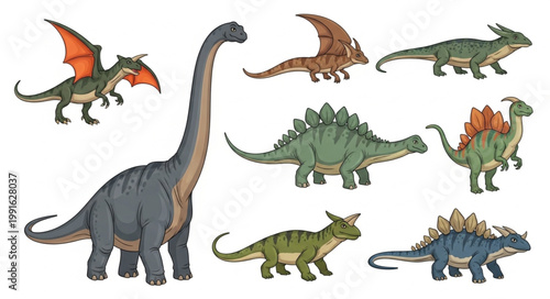 Collection of various dinosaur species illustrated in a cartoon style.