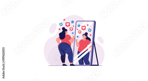 A confident plus-size woman in a vibrant red shirt admires her reflection in a large mirror surrounded by floating social media heart and star icons.