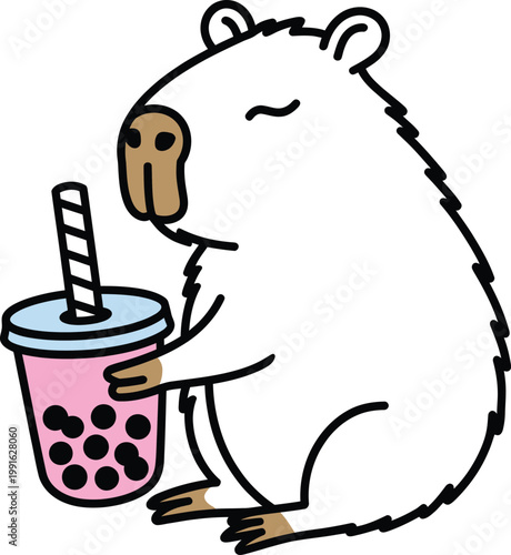 Cute cartoon capybara drinking bubble tea