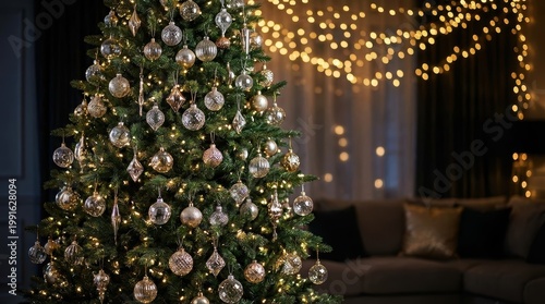 Beautifully Decorated Christmas Tree with Glowing Lights and Ornaments in a Cozy Living Room