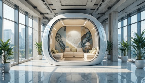 Modern Minimalist Interior Design Featuring Cozy Lounge Area with Scenic City View and Natural Light