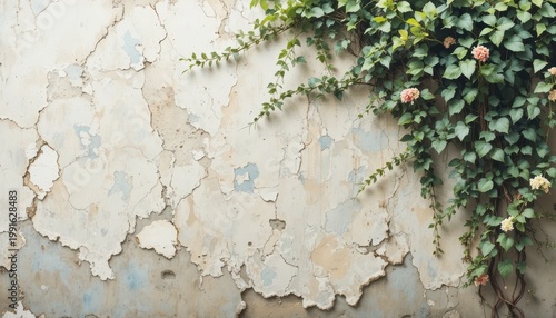 Vintage Wall Texture with Peeling Paint and Ivy Plant with Flowers Growing Alongside