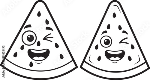 Two winking cartoon slices of watermelon with cheerful expressions black and white line art watermelon cheerful illustration character triangular childlike stylized refreshing vegetarian