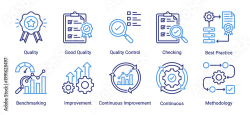 Icon set focused on quality assurance,standardization,and continuous improvement processes.Suitable for business,manufacturing,and operational excellence projects.