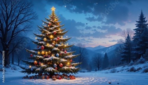 Christmas Tree Adorned with Lights and Ornaments in Snowy Winter Landscape at Dusk