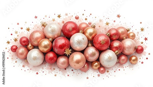 Collection of Shiny Red Gold Pink and Silver Christmas Ornaments and Decorations on a White Background