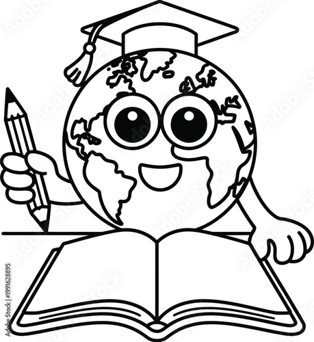 Cartoon globe character wearing a graduation cap holding a pencil and reading an open book
