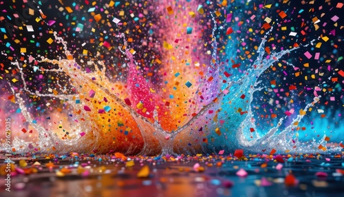 Colorful Confetti Splashing in Water Creating Vibrant Patterns with Bright Background Effects