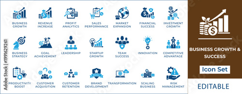 Business growth and success icon set featuring financial investment, strategic goals, global market expansion, team leadership, brand protection, and startup profit charts.