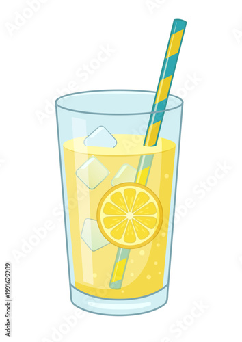 Vector illustration of a fresh glass of lemonade with ice cubes, a lemon slice, and a striped straw. Isolated on white. Bright summer drink icon for cafe, restaurant menu, and healthy lifestyle design