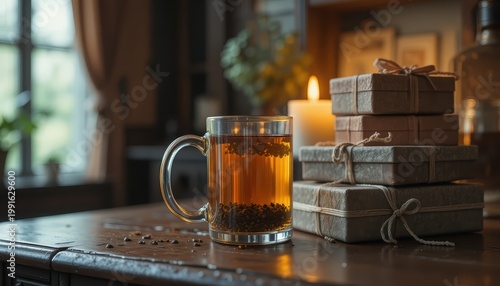 Cozy Indoor Scene with a Mug of Tea and Gift Boxes on a Table Surrounded by Candlelight
