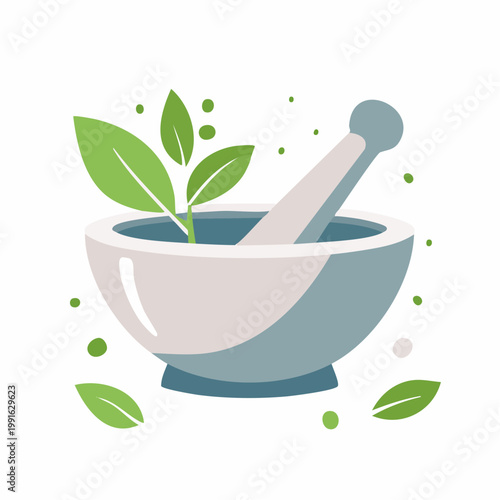 Mortar and Pestle with Herbs and Leaves, Symbol of Natural Medicine