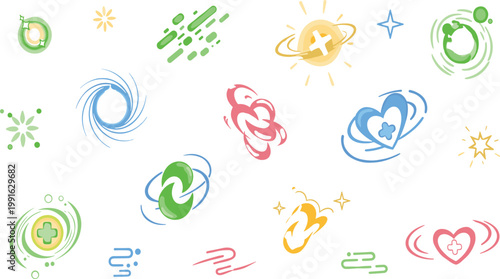Abstract Motion and Energy Effect Icons Set with Swirls Orbits Speed Lines Healing Symbols and Dynamic Flow Elements for Modern Design Concepts.