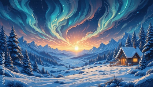 Colorful Northern Lights Illuminating Snowy Landscape with Cabin at Sunrise in Winter