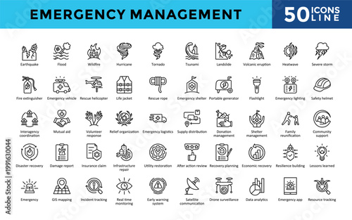 Emergency Management icons set with earthquake, flood, wildfire, hurricane, tornado, tsunami, landslide, volcanic eruption, heatwave, severe storm icon. Simple line vector 
