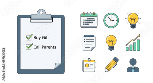 Business management clipboard with task list and colorful office productivity icons.
