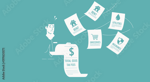A man stressed about paying bills and expenses, including rent, utilities, groceries, insurance, and tax fees, with a total of 555