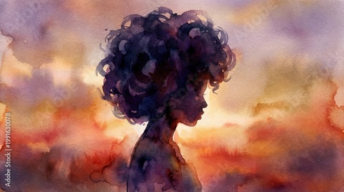 Silhouette of a Woman with Curly Hair Against a Colorful Sunset Background in Watercolor Style