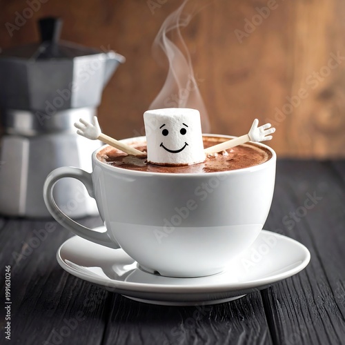 Happy Smiling Marshmallow Character Relaxing In A White Cup Of Hot Chocolate With Steam On A Dark Rustic Wooden Table