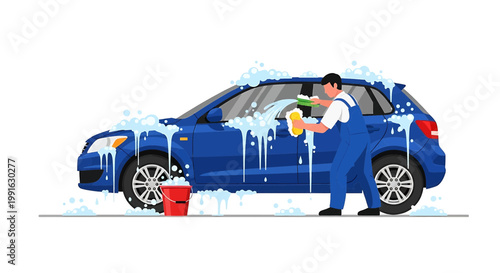 A man in blue overalls washing a blue car with soap and a sponge on a with a red bucket