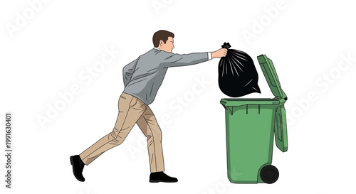 Man throwing trash bag into green recycling bin